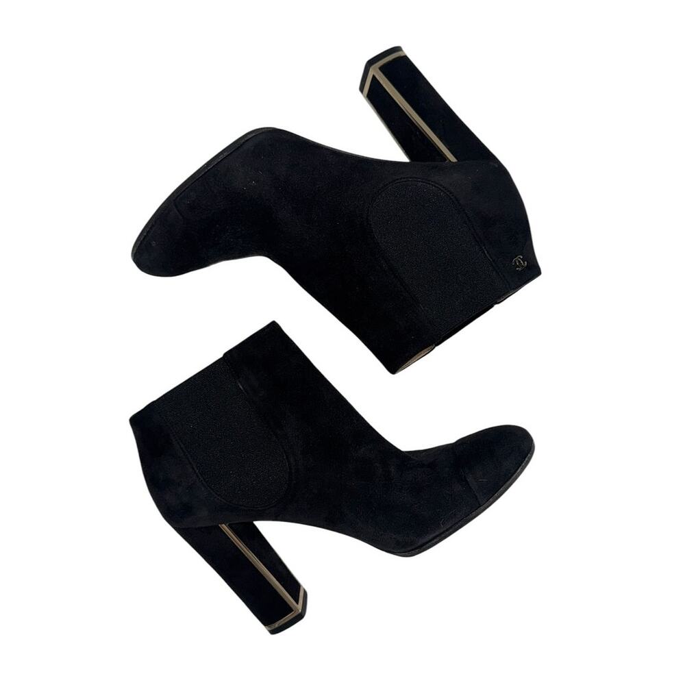 Chanel CC Logo Chelsea Black Suede Block Heel Boots Gold Logo Size 40 - Picture 7 of 14